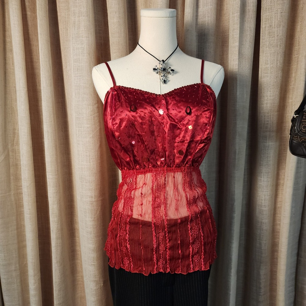 Kaelyn Max II Red Satin Whimsygoth Top 1X Sequin Beaded Sheer Y2K Cami